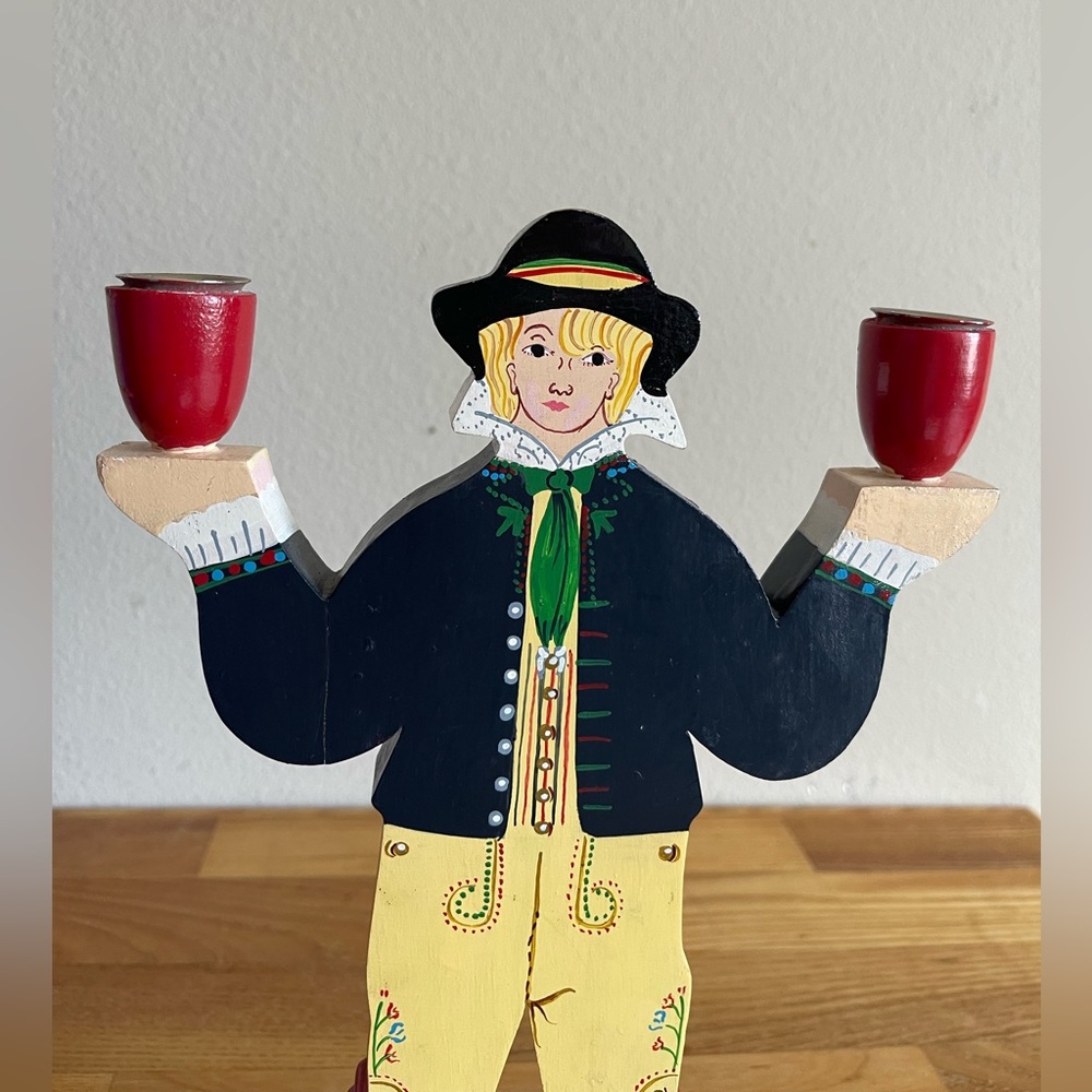 Vintage Swedish Wooden Man Doll Candlestick - Swedish Folk Art Candelabra